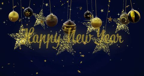 Happy New Year Decor with Golden Baubles and Stars