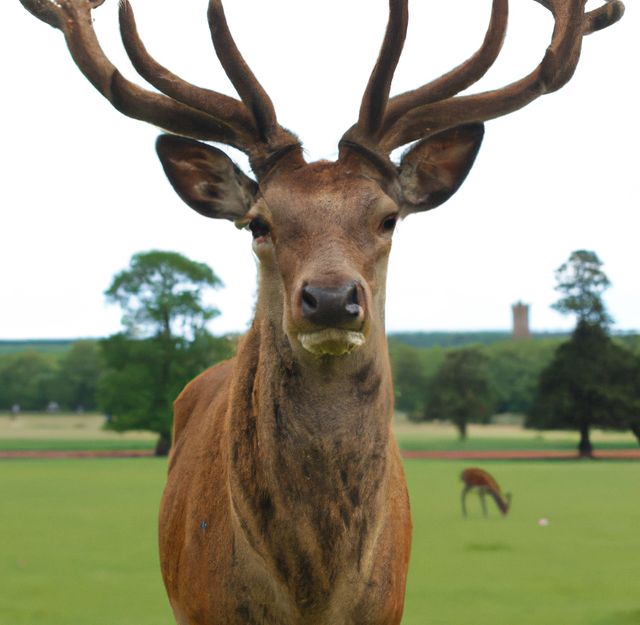 Picture showcasing a close-up view of a majestic deer with large antlers standing in a green meadow. Ideal for use in nature documentaries, wildlife presentations, environmental conservation campaigns, and outdoor adventure advertisements.