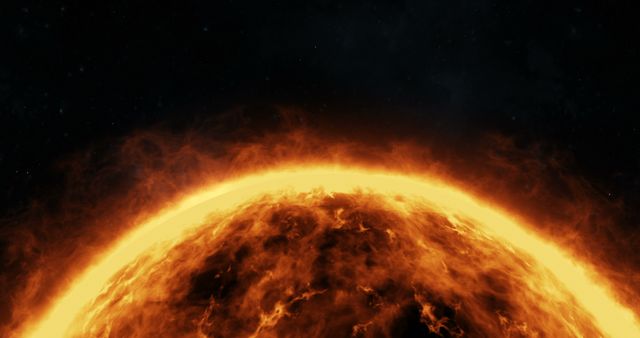 Close view of half the sun with fiery solar flares and intense heat radiating against the dark backdrop of space. Ideal for use in educational materials about solar and space science, presentations on astronomy, and science fiction content.