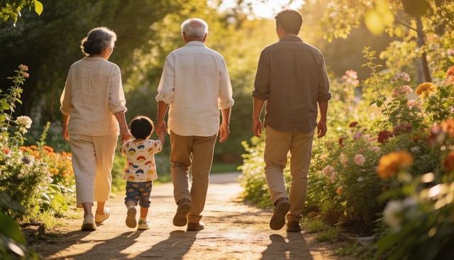 Multigenerational Family Walking Hand-in-Hand Along Sunlit Garden Path at Golden Hour