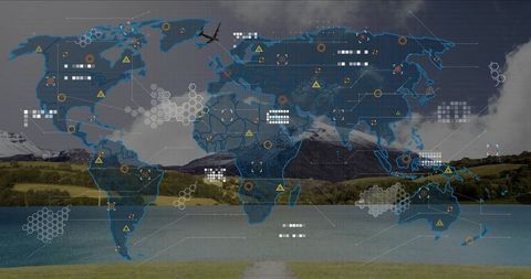 Digital global network map with data nodes on scenic valley