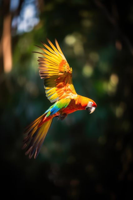 Scarlet macaw soaring with outstretched wings, displaying vibrant yellow, red, and blue feathers in a tropical forest. Perfect for use in nature documentaries, wildlife photography collections, educational materials about exotic birds, and travel brochures promoting eco-tourism.