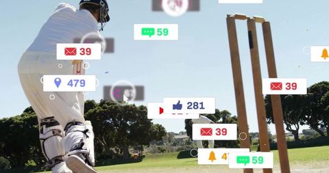 Cricket batsman swinging bat on grassy pitch with social media icons overlay