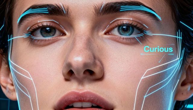 Close-up futuristic female portrait with cyan facial mapping and curious hud label
