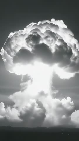 Vertical video capturing mushroom cloud erupting from blinding flash over flat landscape