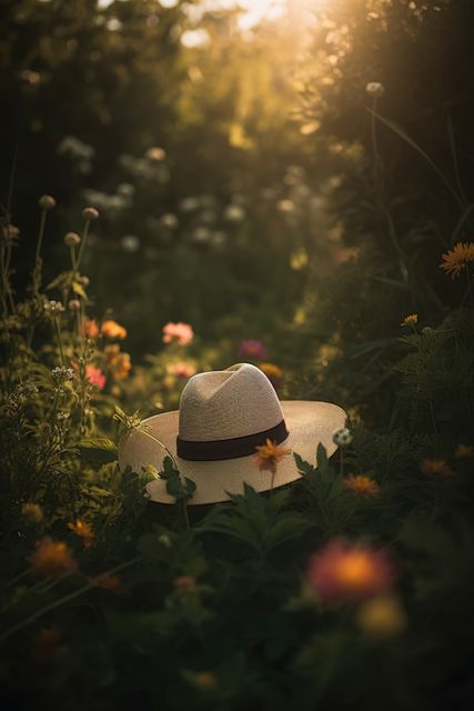 Straw hat lying among wildflowers in a sunlit meadow. Ideal for themes of relaxation, nature's beauty, serene lifestyle, spring or summer, garden landscapes, rural life, and outdoor recreation. Suitable for illustrating seasonal changes, tranquility, and peaceful moments.