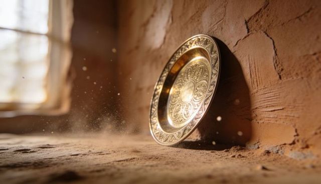 Ornate brass plate leaning on sunlit clay ledge with floating dust motes