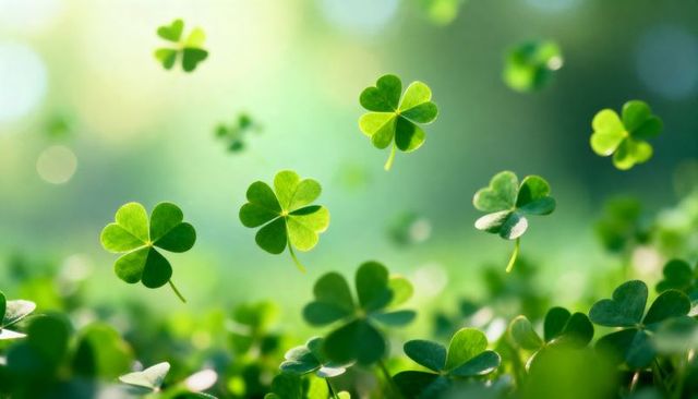 Floating clover leaves glowing in soft morning sunlight, macro bokeh meadow background