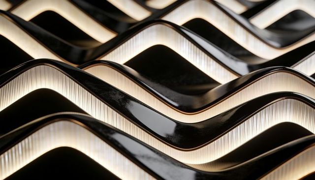 Glowing glossy black wave panels with ribbed diffusers and gold trim modern ceiling interior
