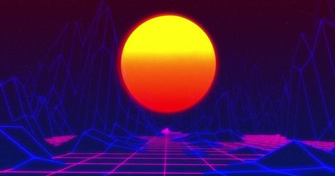 Retro Futuristic Sunset with Digital Grid and Neon Mountains