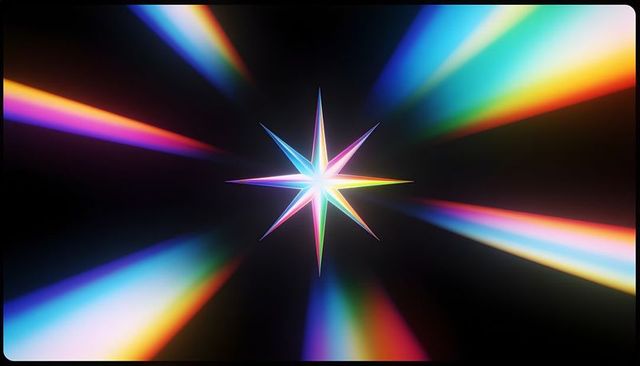 Prismatic eight-point star radiating rainbow beams across dark luminous studio space