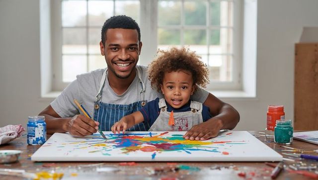 Father painting with young child on canvas, colorful family art session, joyful bonding moment