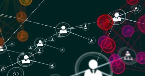 Avatars connecting and activating red node cluster pulsing dataflow for business network