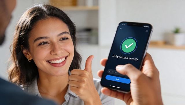 Smiling woman giving thumbs-up during mobile facial verification with green check approval