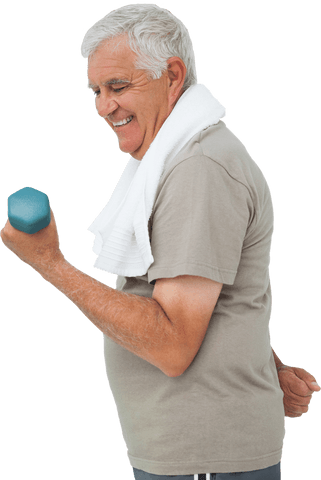 Senior man exercising with dumbbell with transparent background
