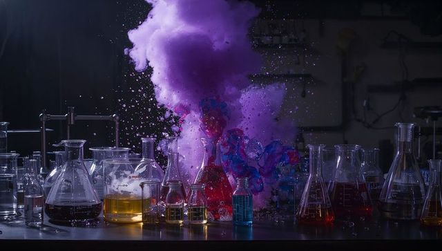 Colorful chemical reaction erupting with purple vapor plume and glassware on lab bench