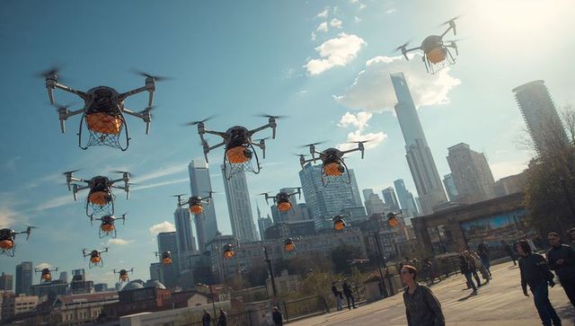 Drone swarm delivering orange cargo over urban promenade, pedestrians filming city skyline