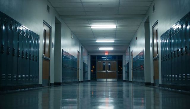Empty school corridor leading to exit doors at night with lockers and reflective floor