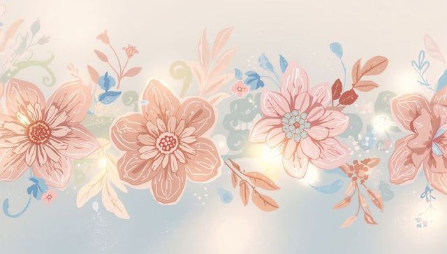 Soft Pastel Floral Border Featuring Hand-Drawn Blossoms and Ornamental Leaves
