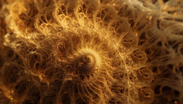 Golden fractal spiral of radiating filaments with glittering depth and rich texture