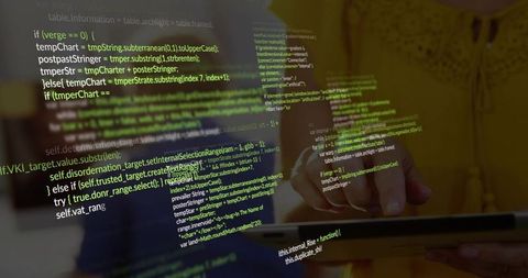 Tapping Tablet While Code Overlay Streams Across Touchscreen Workspace