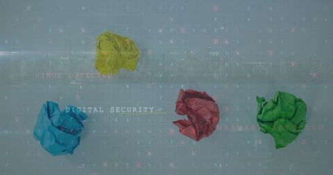 Cybersecurity concept with paper balls on digital code background