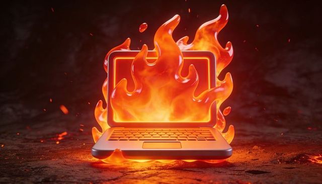 Burning laptop flames and embers on cracked ground technology danger concept