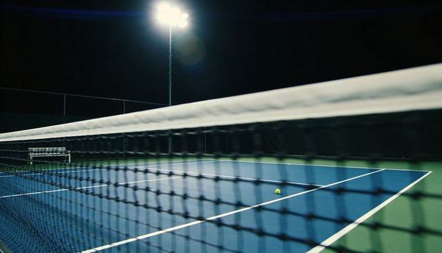 Framing tennis net with lone ball on blue hard court under floodlights at night
