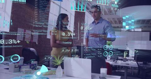 Business Team Reviewing Interactive Data Dashboards and AR Analytics in Modern Office