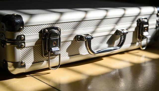 Silver briefcase resting on tile casting striped blind shadows and chrome reflections