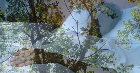 Reclining two women resting with dreamy tree canopy double exposure on white bedding