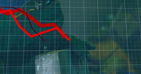 Red Falling Stock Lines Declining Over Teal Grid With Blurred Leaf and Metal Cylinder