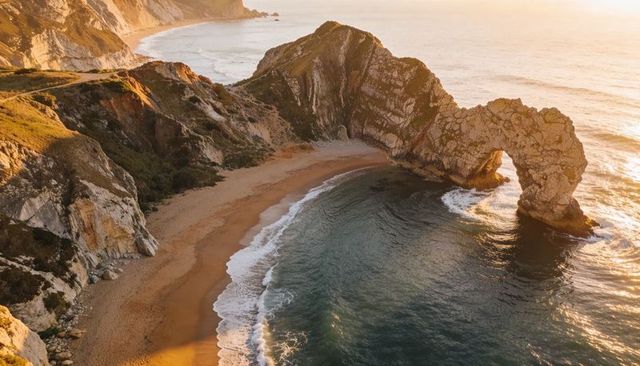 Golden-hour limestone sea arch framing crescent sandy beach and rugged coastal cliffs