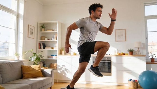 Athletic man performing plyometric jump in bright home living room wearing fitness tracker
