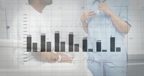 Clinician and patient reviewing digital health analytics overlaid with ecg and bar chart