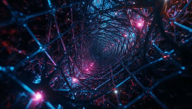 Futuristic metallic lattice with glowing nodes in cyberspace