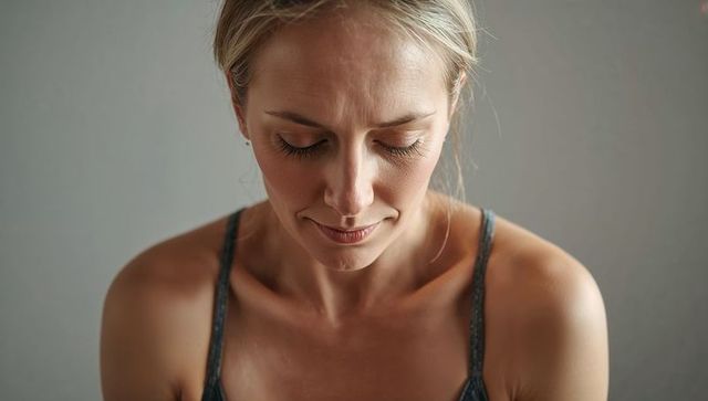 Contemplative woman lowering gaze in soft light closeup neutral background serene