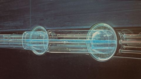 Holographic cylindrical conduit across dark panel with neon rods and concentric endcaps