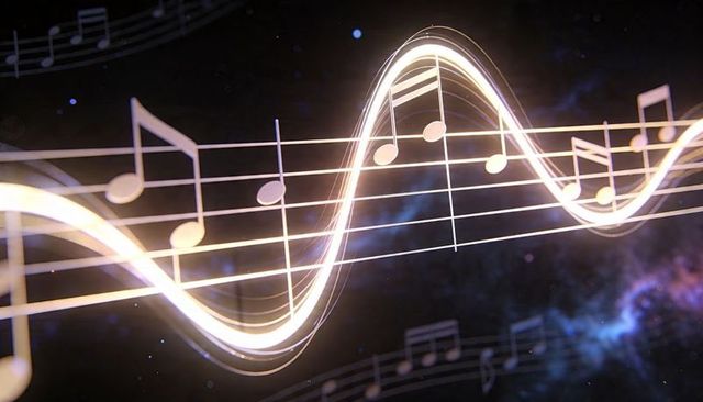 Glowing musical staff weaving luminous sine wave across cosmic starfield