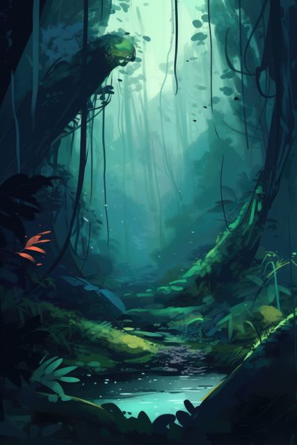 Misty rainforest with lake and trees, created using generative ai technology. Rainforest, nature and scenery concept digitally generated image.