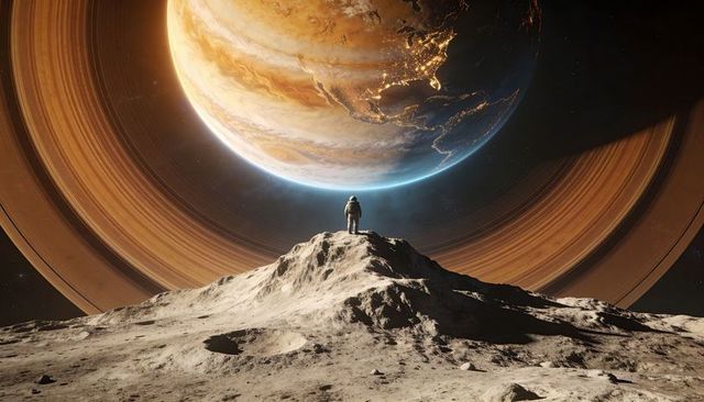 Astronaut standing atop cratered moon crest facing towering ringed gas giant with city lights
