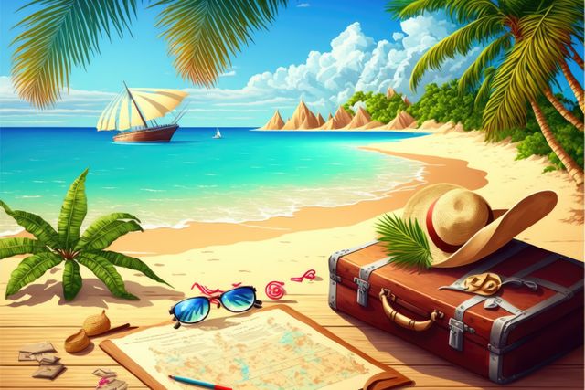 Hat, suitcase, map and sunglasses on sunny beach, created using generative ai technology. Beach holiday, summer and vacation concept digitally generated image.