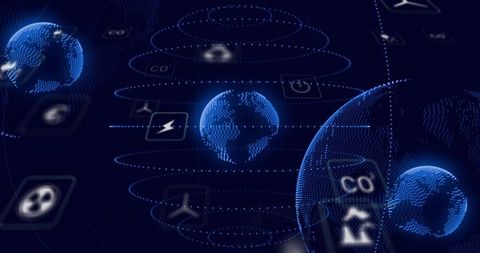 Rotating holographic digital globe with co2 hud and orbital data visualization interface