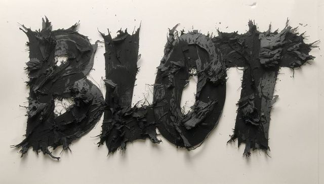 Blot lettering forming in thick black impasto paint, textured type relief on pale panel