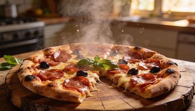 Rustic neapolitan pepperoni pizza with stretching cheese, black olives and fresh basil