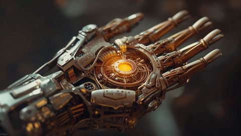 Cybernetic prosthetic hand presenting glowing core with exposed gears and wiring