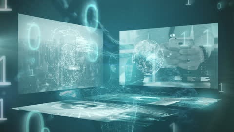Futuristic Technology Concept with Binary Code and Digital Screens