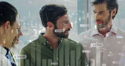 Team discussing social media data insights in modern office