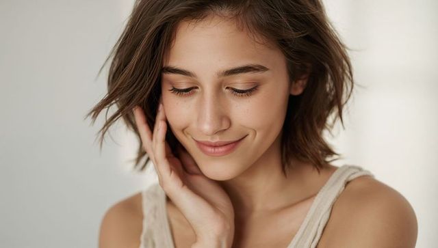 Smiling young woman touching cheek in soft natural light calm introspective portrait