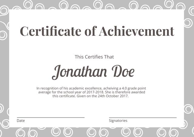 This Certificate of Achievement template features a clean, professional design with a decorative border. Ideal for academic awards, it can be used to recognize outstanding student achievement and academic excellence. Customize with individual names, dates, and specific accomplishments for personalized recognition. Suitable for schools, colleges, and educational institutions to honor students.